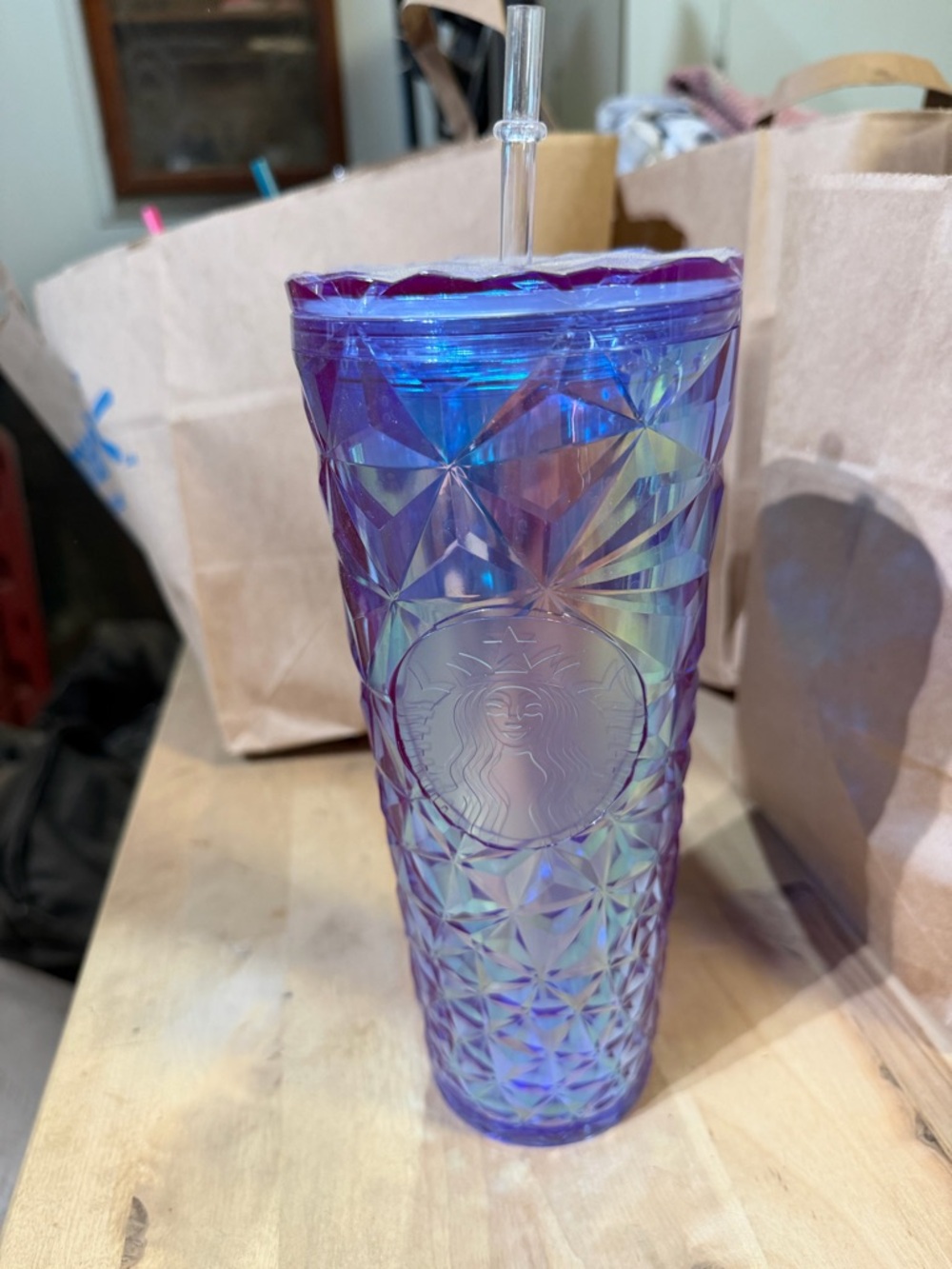 Starbucks Iridescent Blue-Purple Faceted Tumbler with Clear Straw